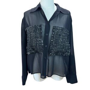 Zara Black Chiffon Tweed Pockets Long Sleeve Collar Sheer Blouse Shirt Top Sz XS